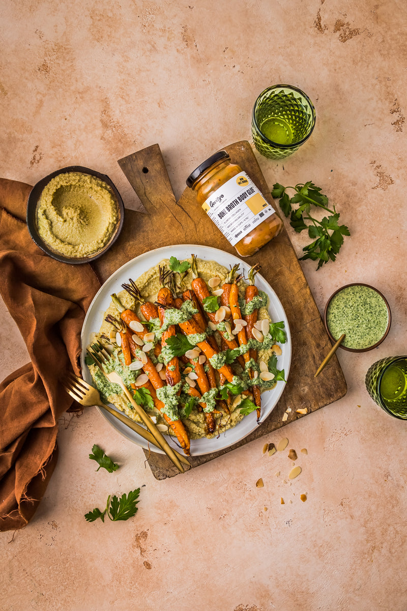 Roast Carrots with Populate Hummus and Green Tahini