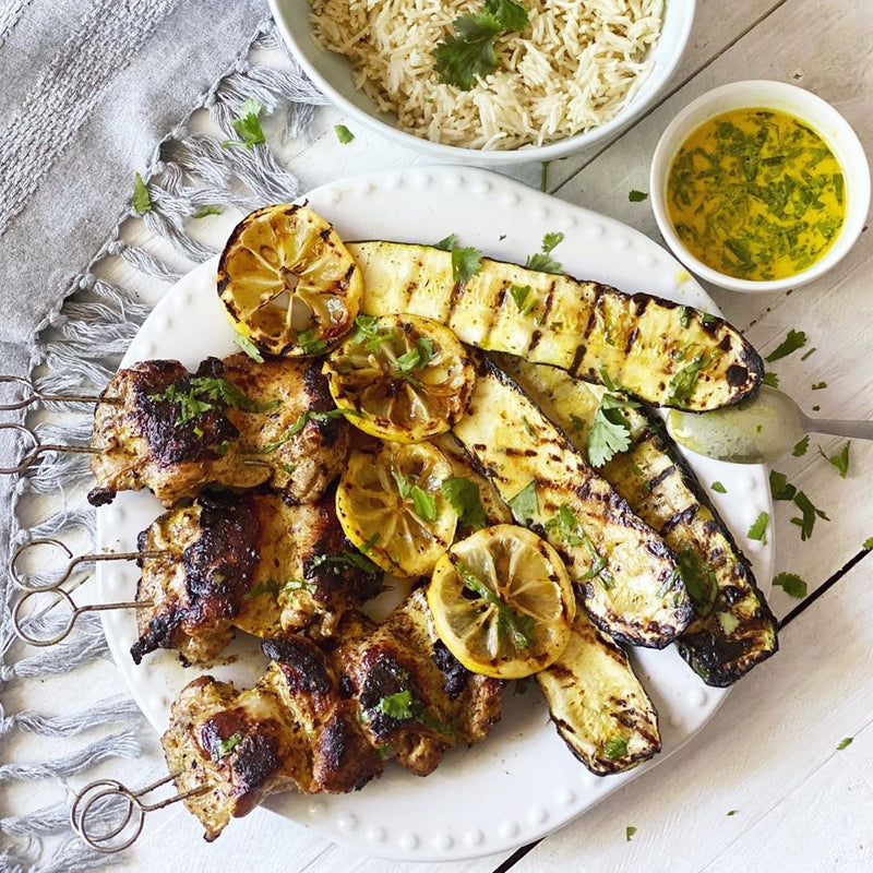MARINATED BBQ CHICKEN KEBABS w/ WARM BONE BROTH DRESSING