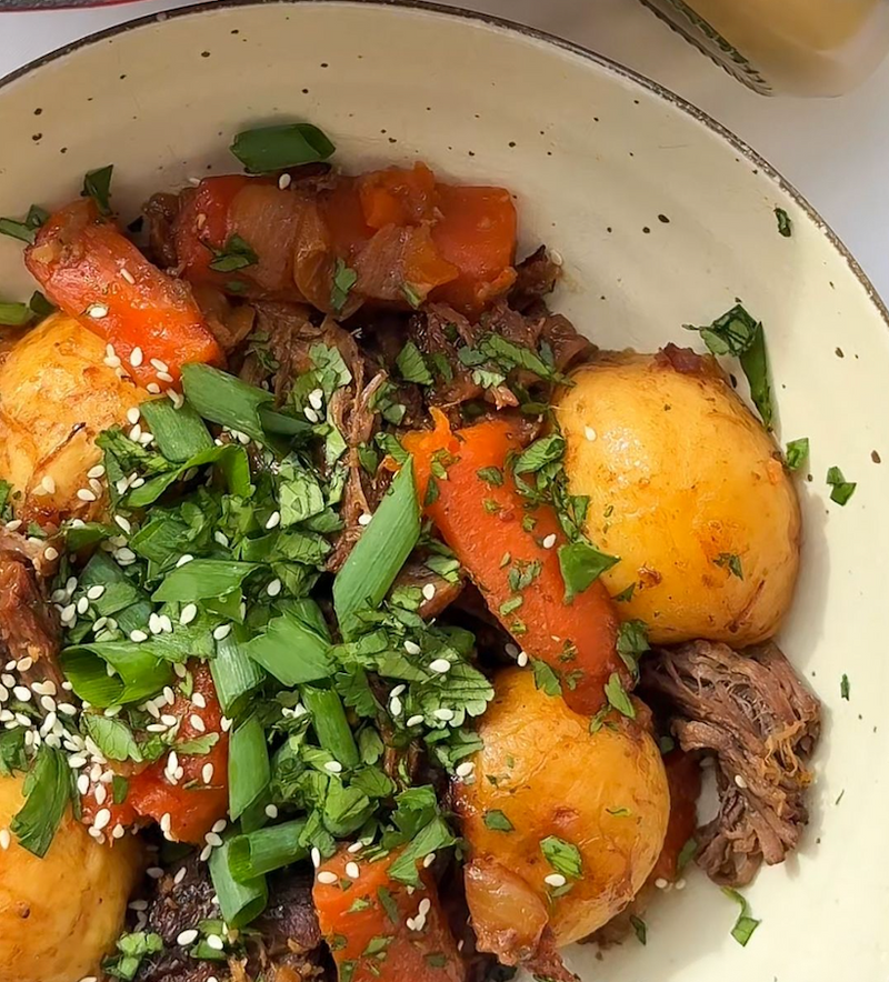 Miso & Ginger Chuck Roast with Carrots, Baby Potatoes & Onion